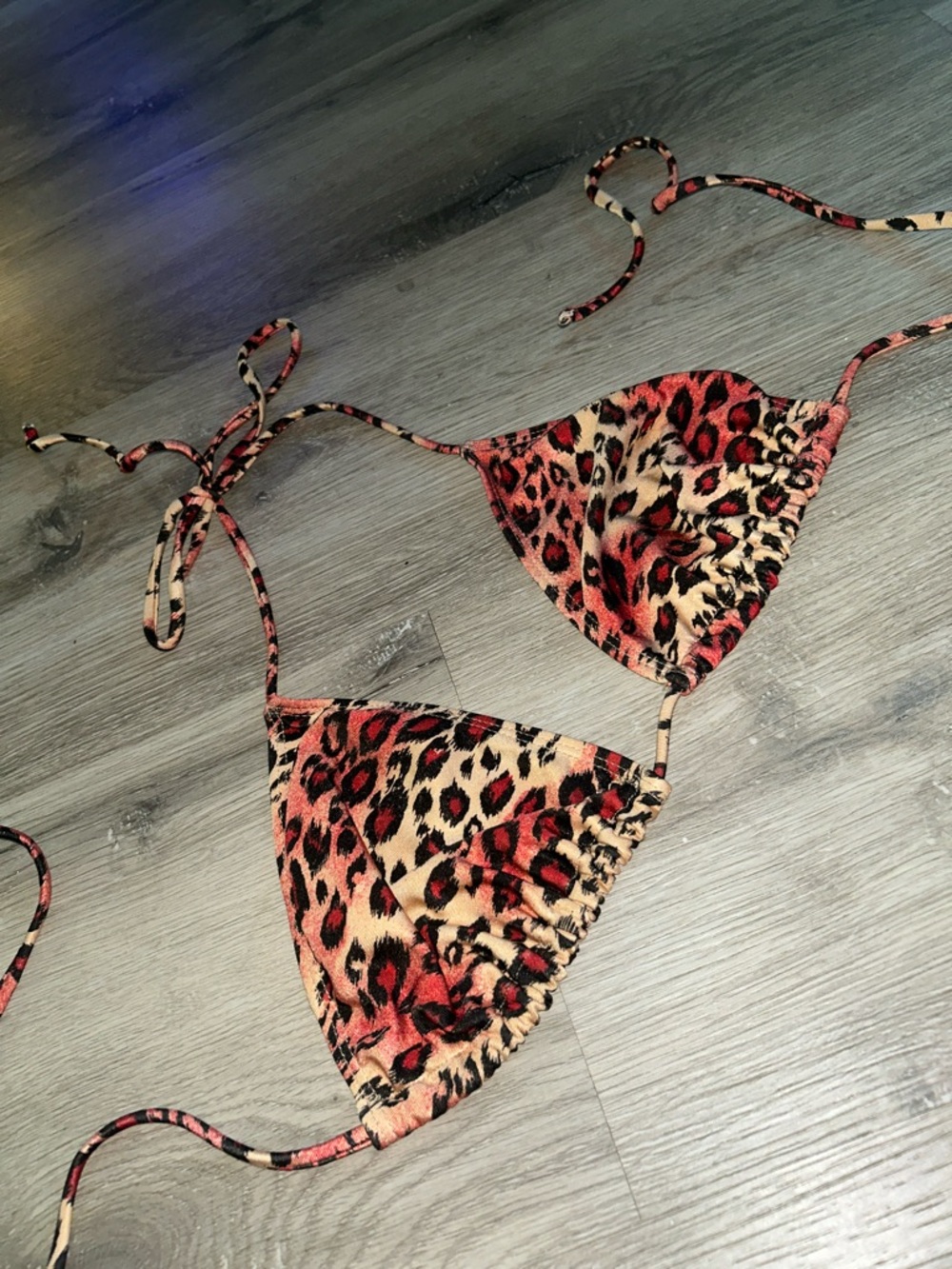 Leopard Print Triangle Bikini Top - Red & Beige